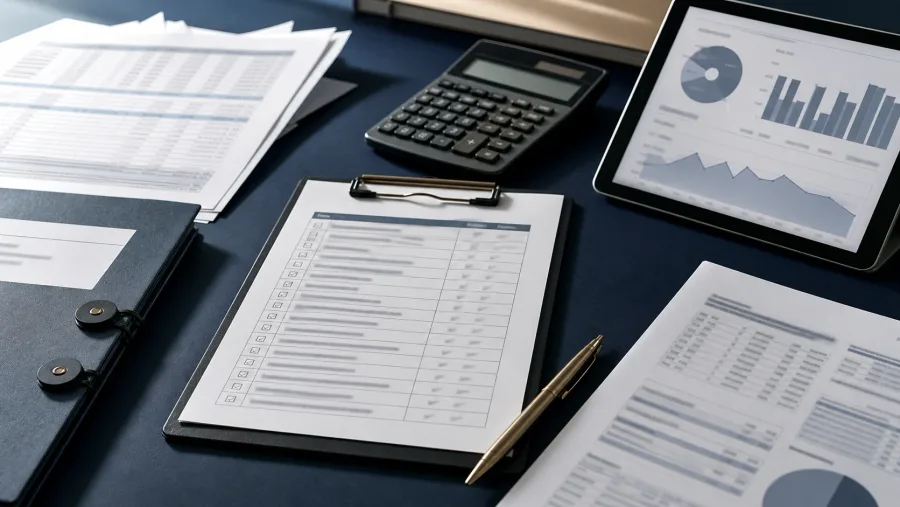 A structured accounting review in progress, with checklists and financial reports