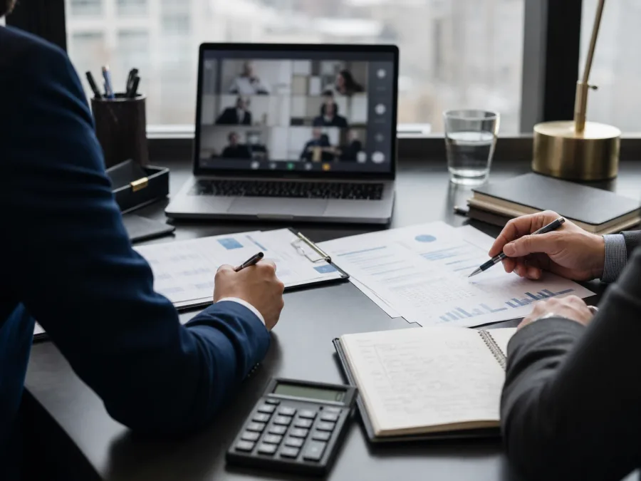 Two finance professionals reviewing reports together during a video call