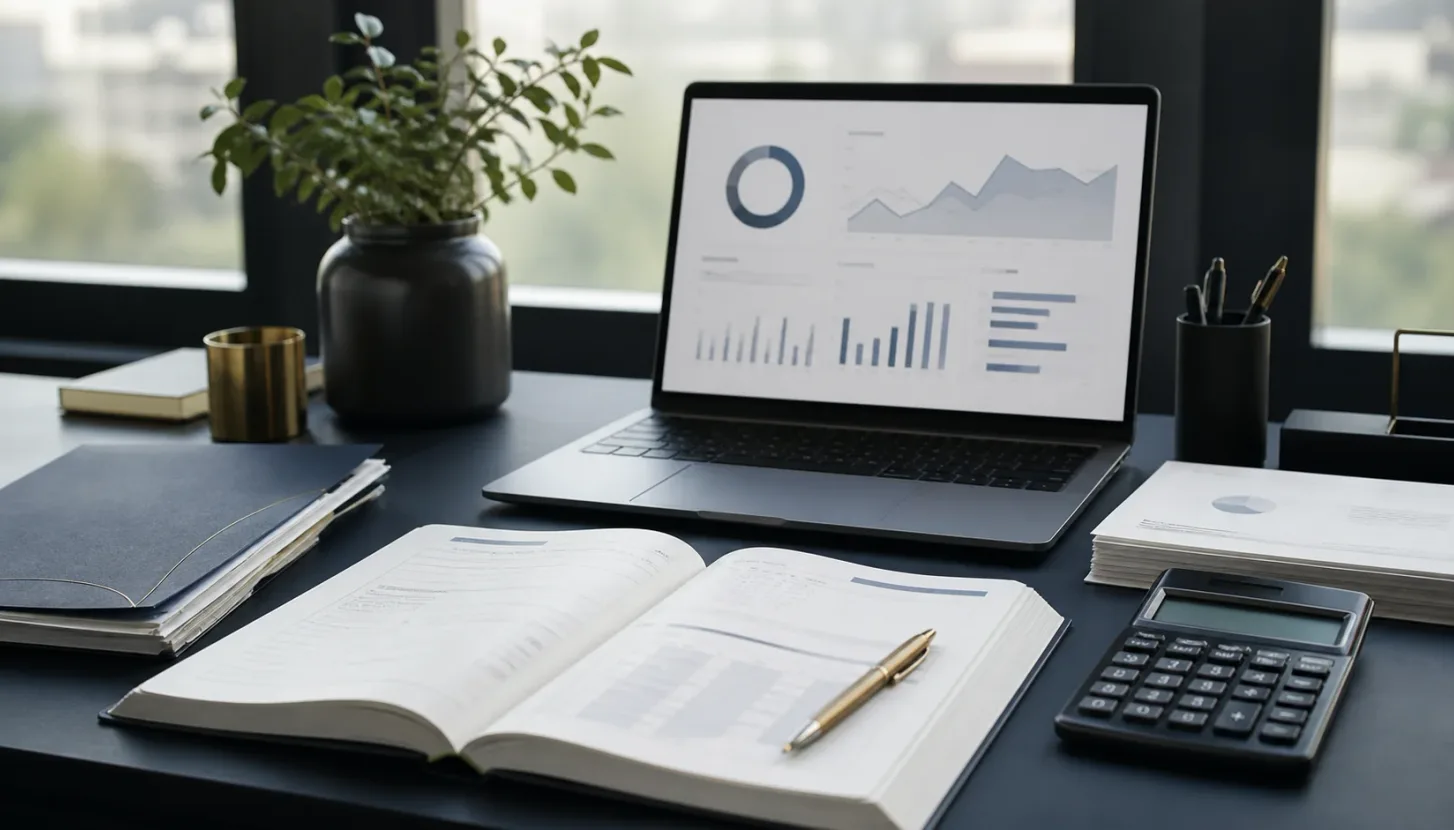 A modern accounting workspace with a laptop showing financial dashboards